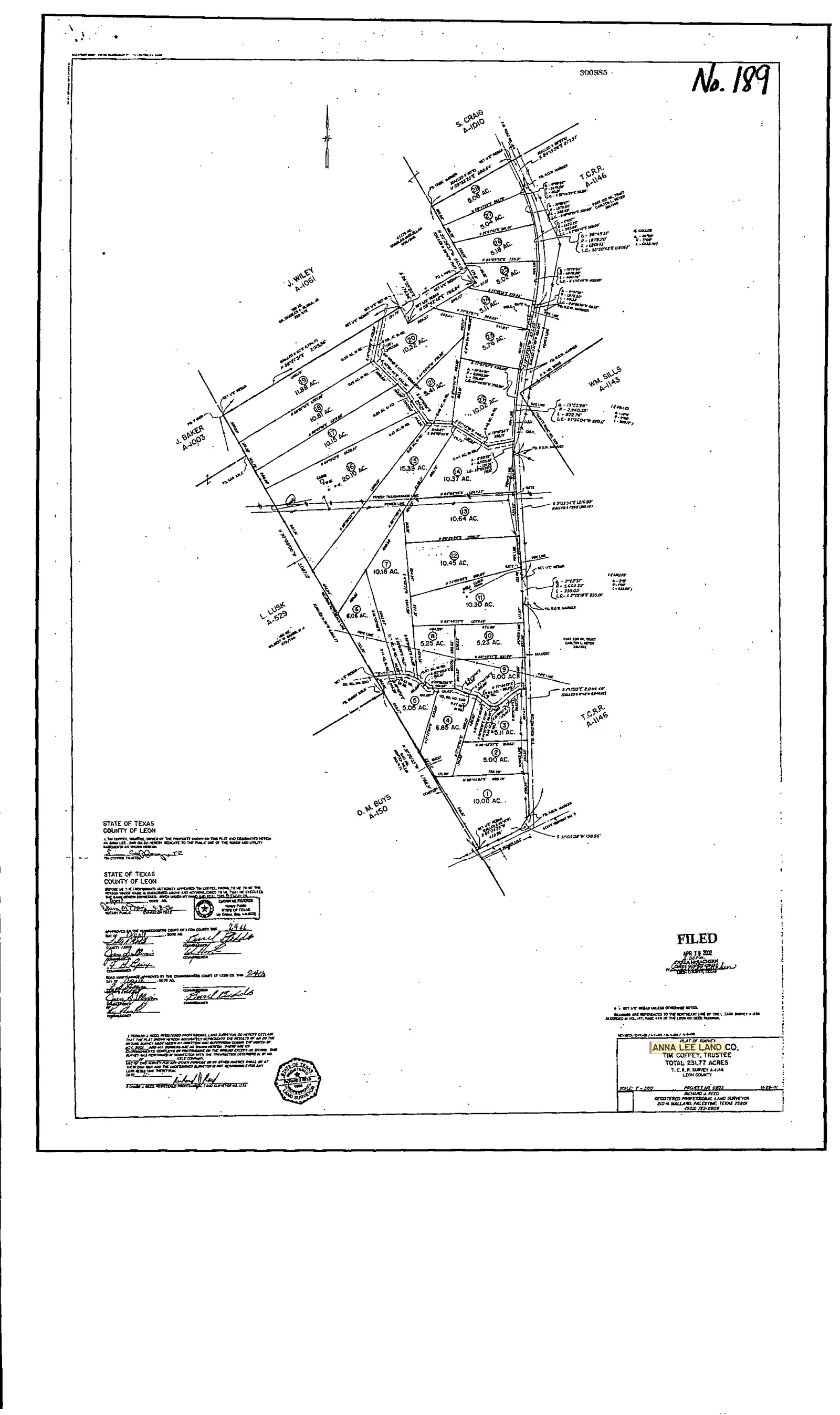 Recorded Subdivision Plat of Survey: Anna Lee Land Co. (231.77 Acres, T.C.R.R. Survey A-1146)