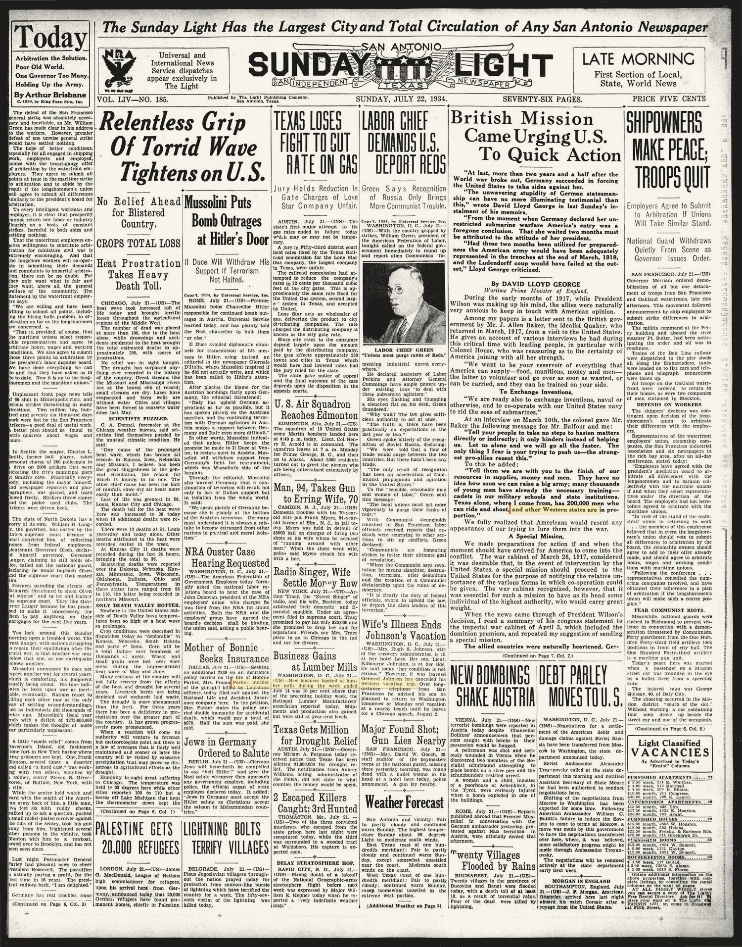 San Antonio Sunday Light (San Antonio, Tex.), Vol. 54, No. 185, Ed. 1 Sunday, July 22, 1934
