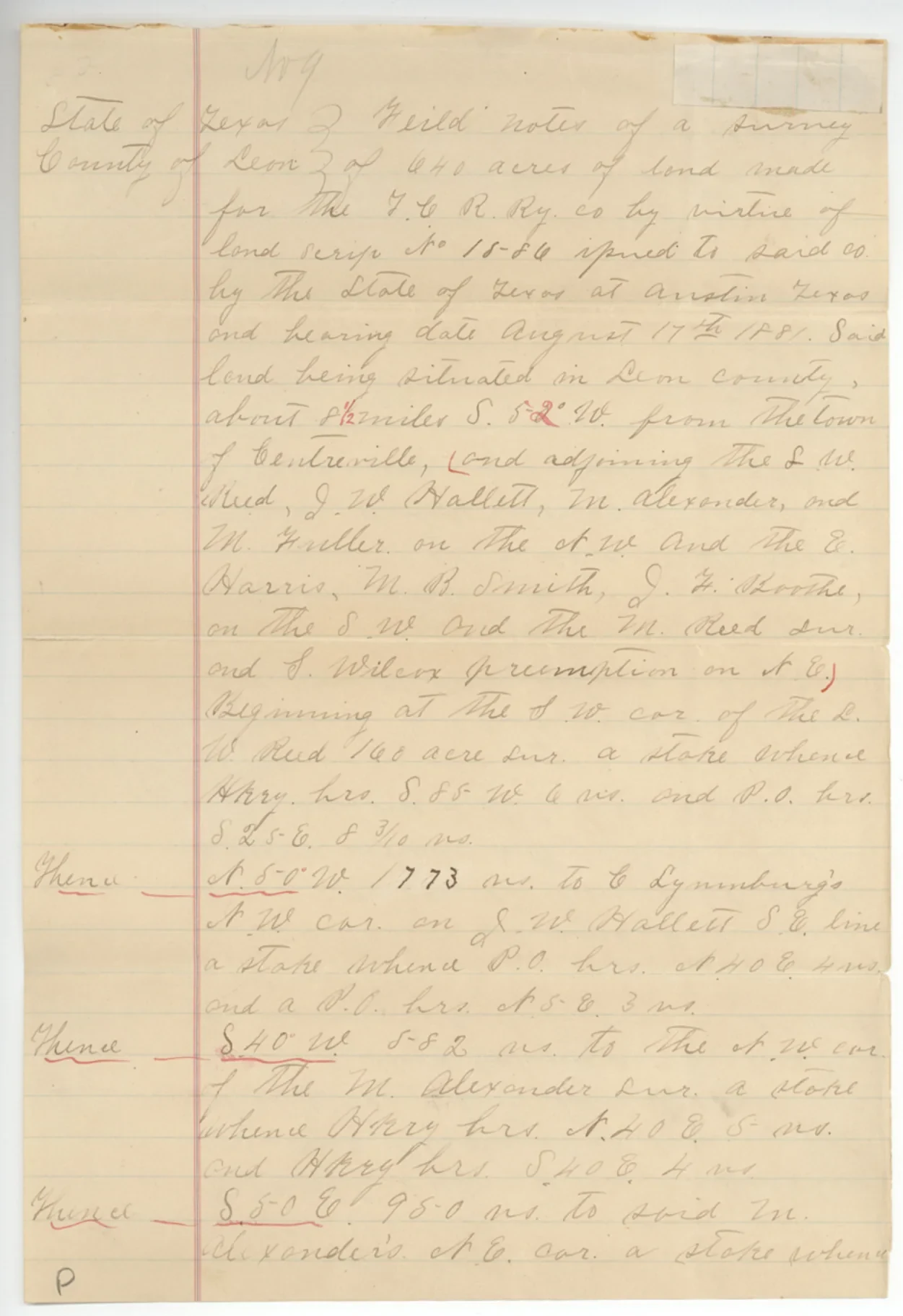 Original GLO Survey Field Notes for the T.C.R.R. Co. Survey, A-1146 (Leon County)